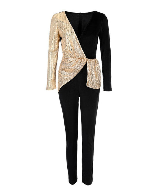 Elegant Black and Gold Sequin-Embellished High Waisted Jumpsuit-Slay Eclectic