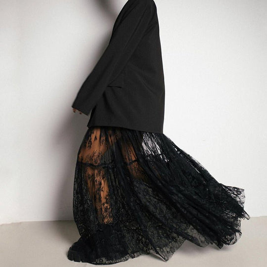 Elegant Black Sheer Lace Maxi High Waist Skirt-Slay Eclectic