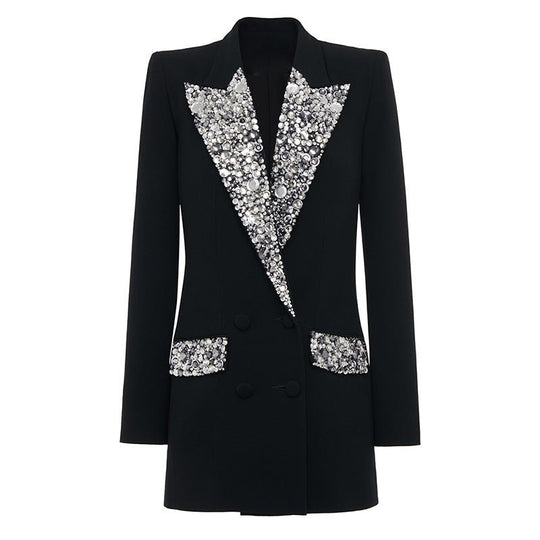 Elegant Rhinestone - Embellished Heavy Industry Slim Fit Long Blazer - Slay Eclectic