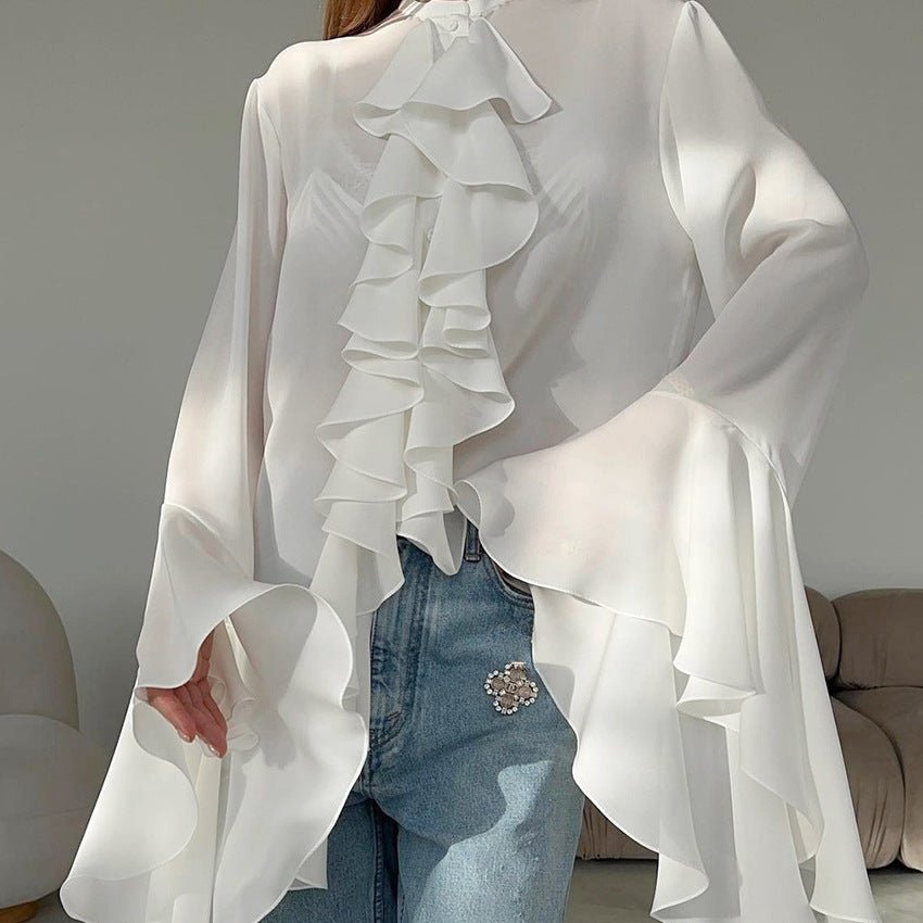 Elegant White Chiffon Bell Sleeve Ruffled Top for Women - Perfect for Spring and Summer-Slay Eclectic