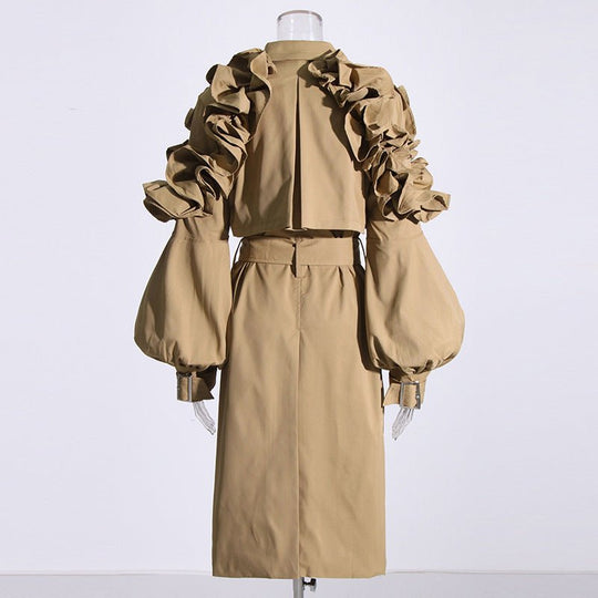 Elegant Women's Office Ruffled Mid Length Trench Coat with Collared Long Sleeves and Slim Fit Design - Slay Eclectic