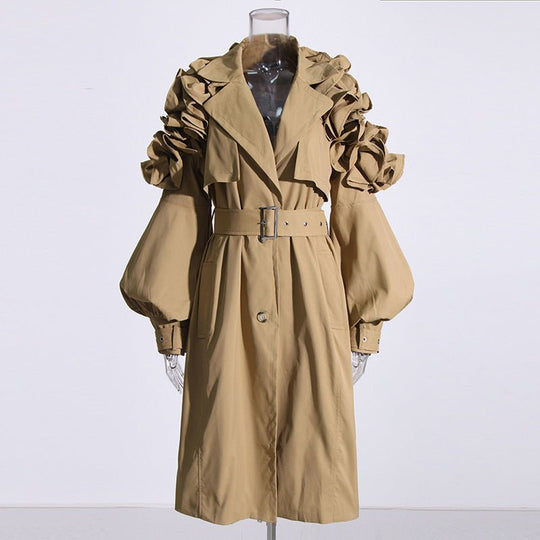 Elegant Women's Office Ruffled Mid Length Trench Coat with Collared Long Sleeves and Slim Fit Design - Slay Eclectic