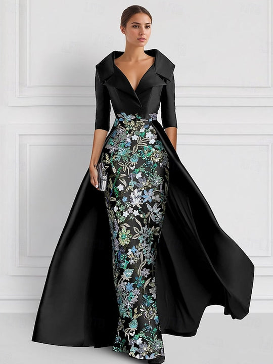 Green Embroidered A-Line Evening Gown Elegant Dress Formal Wedding Floor Length Half Sleeve Shirt Collar Satin with Slit Appliques 2025