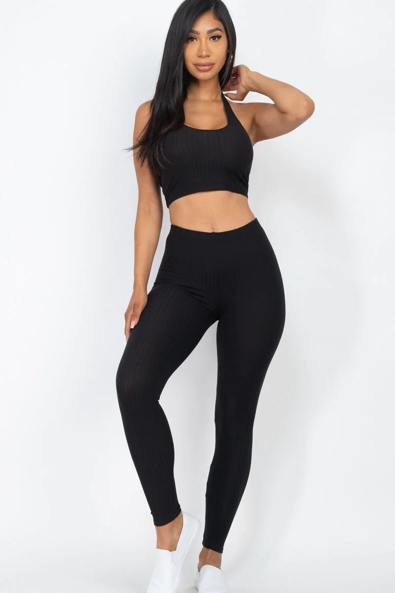 Chic Ribbed Halter Neck Crop & Leggings Ensemble (CAPELLA)-Slay Eclectic