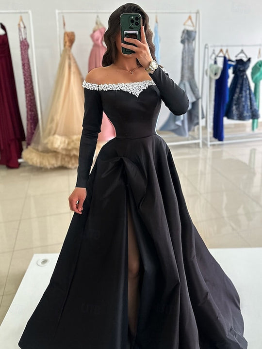 TS A-Line Evening Gown Elegant Dress Formal Floor Length Long Sleeve off Shoulder Pocket Satin with Pearls 2025