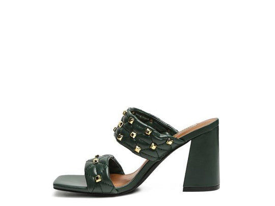 Finesse Golden Stud Square Toes Block Heels-Slay Eclectic