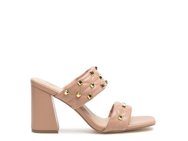 Finesse Golden Stud Square Toes Block Heels-Slay Eclectic