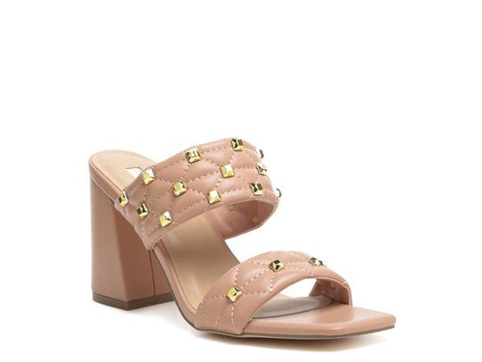 Finesse Golden Stud Square Toes Block Heels-Slay Eclectic