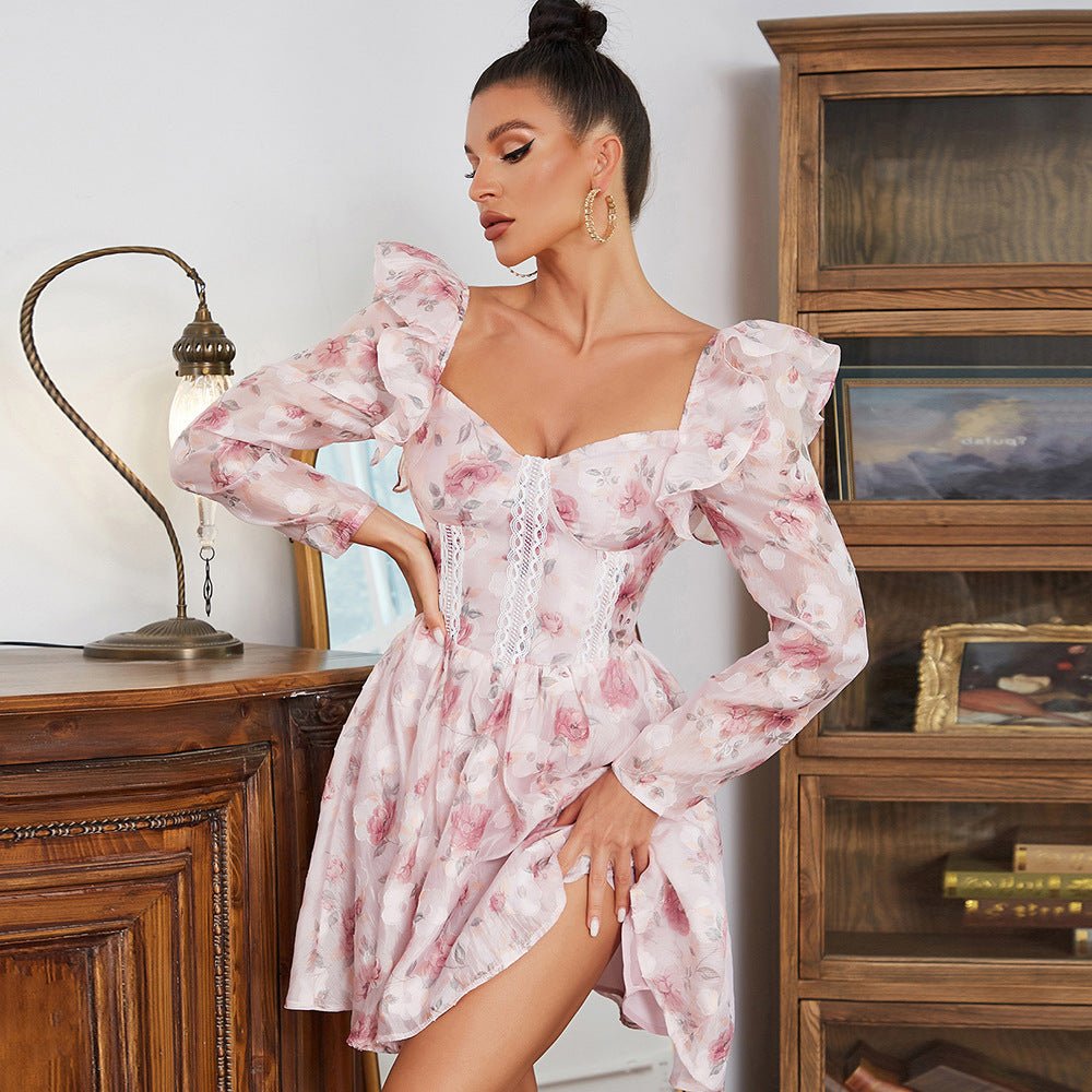 Floral Elegance: V-Neck Long Sleeve Ruffled Dress for Effortless Style-Slay Eclectic