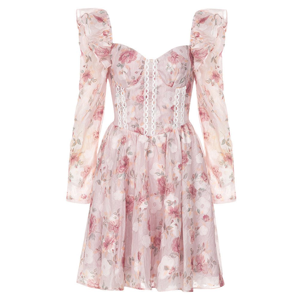 Floral Elegance: V-Neck Long Sleeve Ruffled Dress for Effortless Style-Slay Eclectic