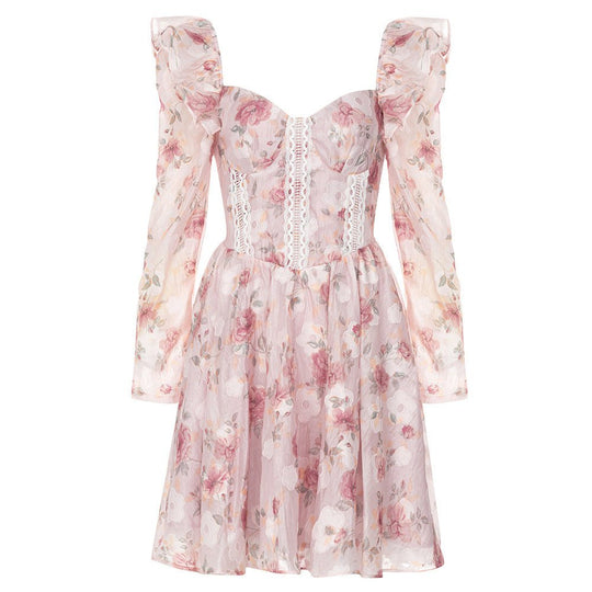 Floral Elegance: V-Neck Long Sleeve Ruffled Dress for Effortless Style-Slay Eclectic