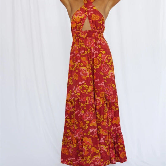 Floral Halter Backless Maxi Dress for Summer Getaways-Slay Eclectic