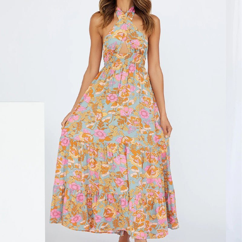 Floral Halter Backless Maxi Dress for Summer Getaways-Slay Eclectic