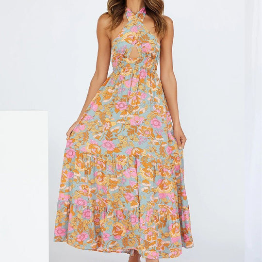 Floral Halter Backless Maxi Dress for Summer Getaways-Slay Eclectic