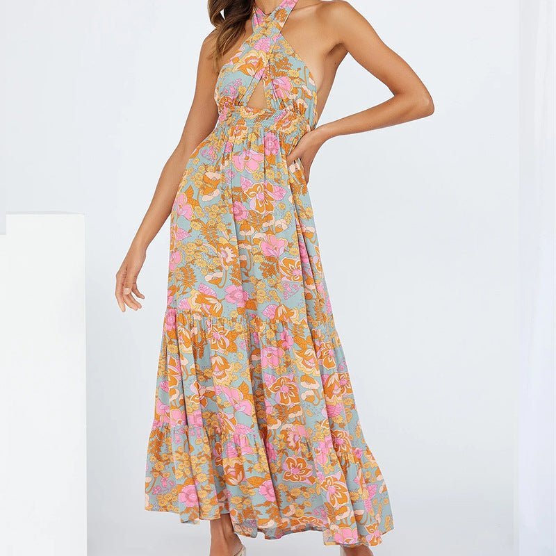 Floral Halter Backless Maxi Dress for Summer Getaways-Slay Eclectic