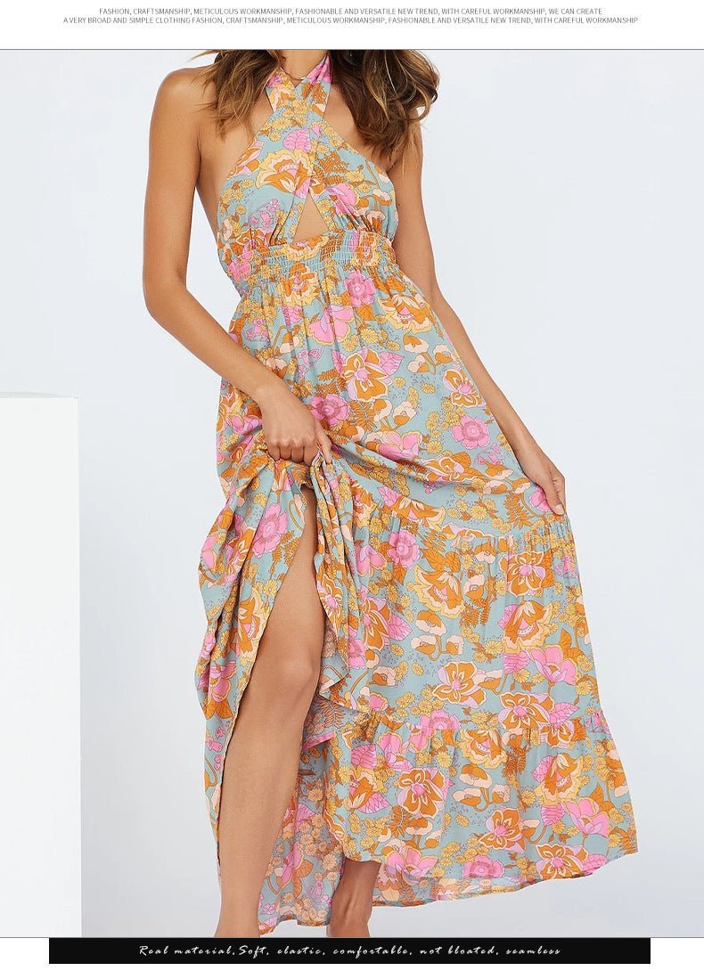 Floral Halter Backless Maxi Dress for Summer Getaways-Slay Eclectic