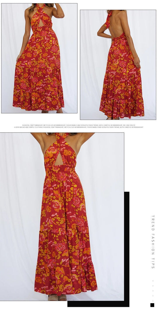 Floral Halter Backless Maxi Dress for Summer Getaways-Slay Eclectic