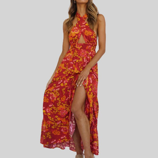 Floral Halter Backless Maxi Dress for Summer Getaways-Slay Eclectic