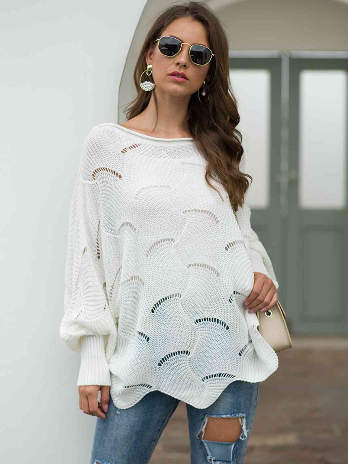 Full Size Boat Neck Lantern Sleeve Openwork Knit Top | Slay Eclectic