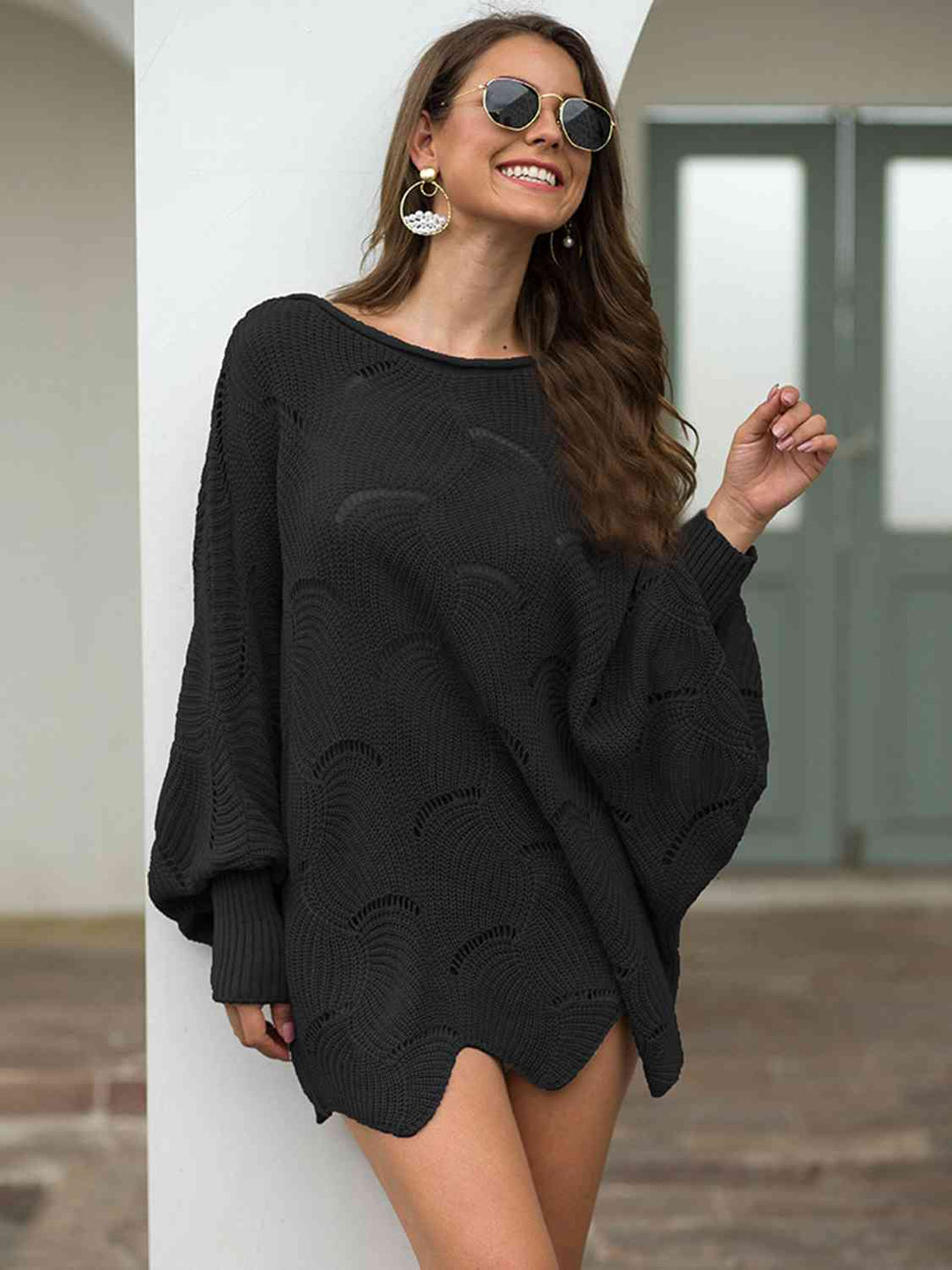 Full Size Boat Neck Lantern Sleeve Openwork Knit Top | Slay Eclectic