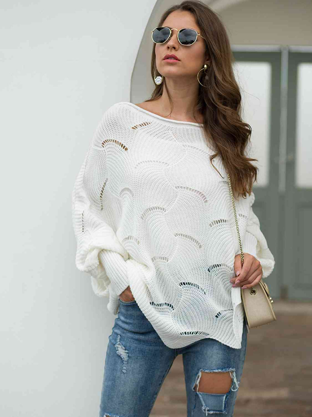 Full Size Boat Neck Lantern Sleeve Openwork Knit Top | Slay Eclectic