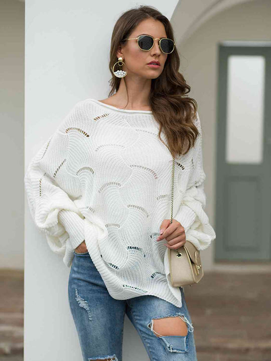 Full Size Boat Neck Lantern Sleeve Openwork Knit Top | Slay Eclectic