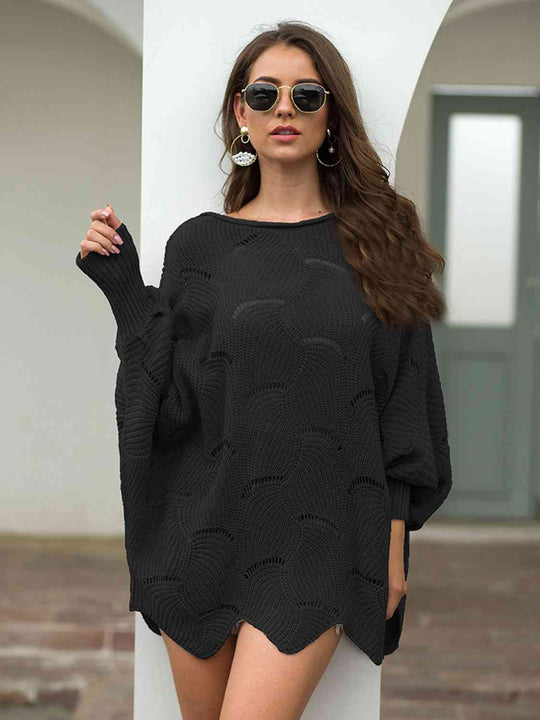 Full Size Boat Neck Lantern Sleeve Openwork Knit Top | Slay Eclectic