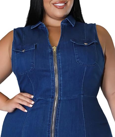 Full Zipper Bodycon Denim Dress V-Neck Plus Size Mini Dress - Blue-Slay Eclectic