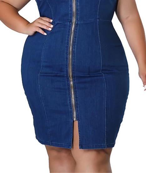 Full Zipper Bodycon Denim Dress V-Neck Plus Size Mini Dress - Blue-Slay Eclectic