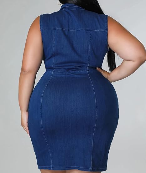 Full Zipper Bodycon Denim Dress V-Neck Plus Size Mini Dress - Blue-Slay Eclectic