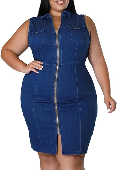 Full Zipper Bodycon Denim Dress V-Neck Plus Size Mini Dress - Blue-Slay Eclectic