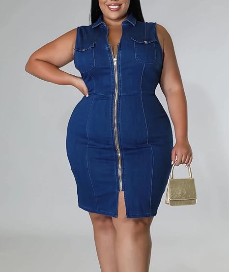 Full Zipper Bodycon Denim Dress V-Neck Plus Size Mini Dress - Blue-Slay Eclectic