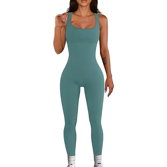 Yoga Ribbed One-Piece Square Neck Jumpsuit - Green