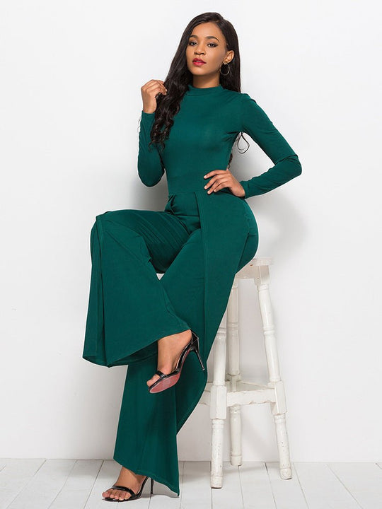 Gala Glamour Mock Neck Wide Leg Jumpsuit - Dark Green-Slay Eclectic