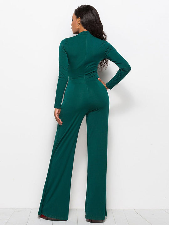 Gala Glamour Mock Neck Wide Leg Jumpsuit - Dark Green-Slay Eclectic