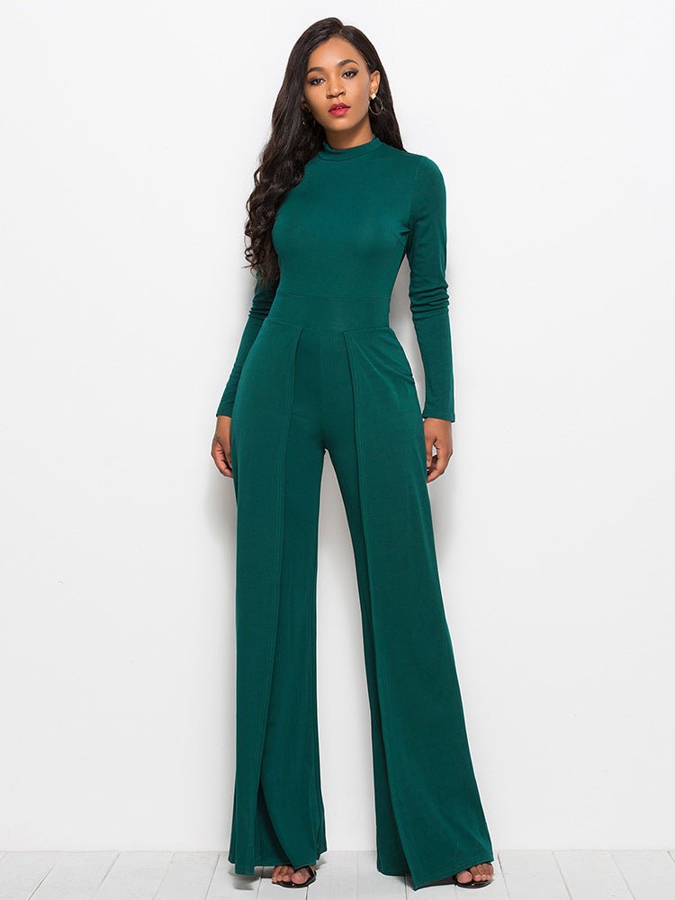 Gala Glamour Mock Neck Wide Leg Jumpsuit - Dark Green-Slay Eclectic