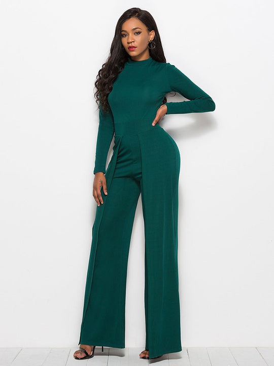 Gala Glamour Mock Neck Wide Leg Jumpsuit - Dark Green-Slay Eclectic