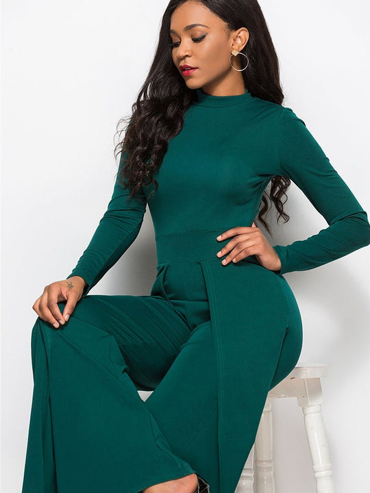 Gala Glamour Mock Neck Wide Leg Jumpsuit - Dark Green-Slay Eclectic