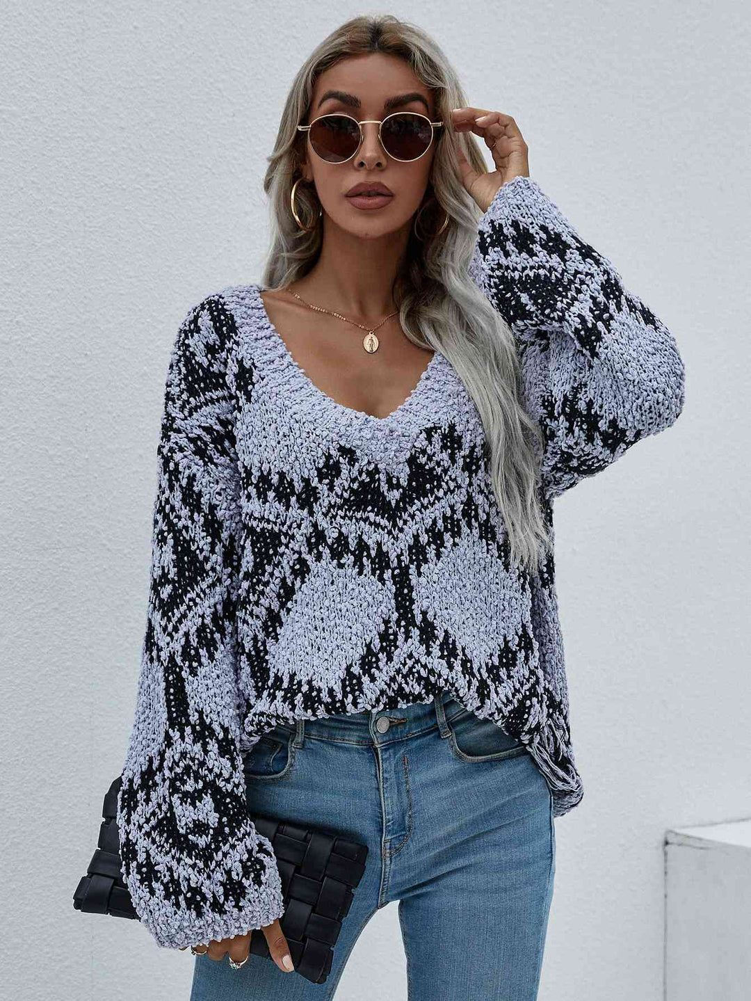 Geometric Print Chunky Knit Distressed Sweater | Slay Eclectic