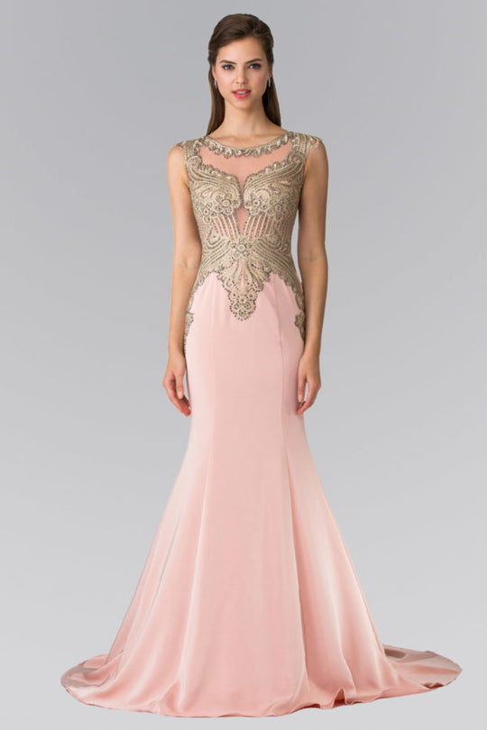 Jewel Embellished Embroidery Jersey Long Dress with Sheer Back-3