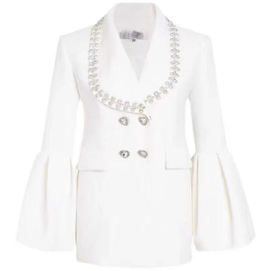 Glamorous White Chanel Blazer with Rhinestone Accents and Beaded Waist Detail for Women-Slay Eclectic