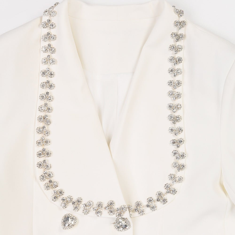 Glamorous White Chanel Blazer with Rhinestone Accents and Beaded Waist Detail for Women - Slay Eclectic