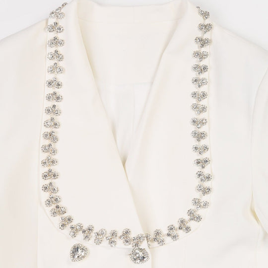 Glamorous White Chanel Blazer with Rhinestone Accents and Beaded Waist Detail for Women-Slay Eclectic