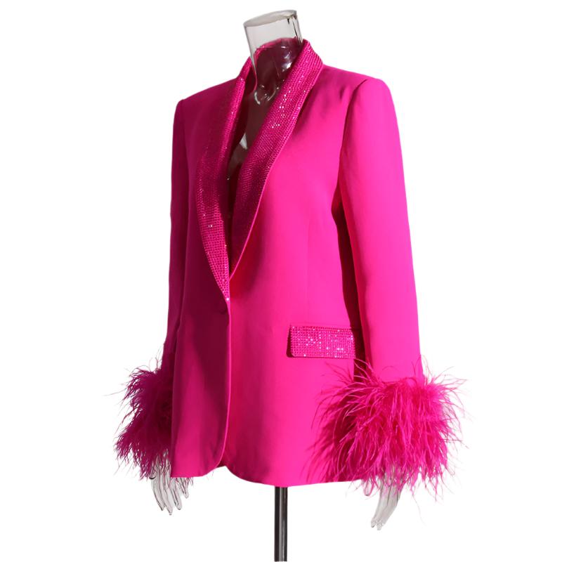 Glamorous Women's Fall Blazer with Feather Trim and Sparkling Accents - Slay Eclectic