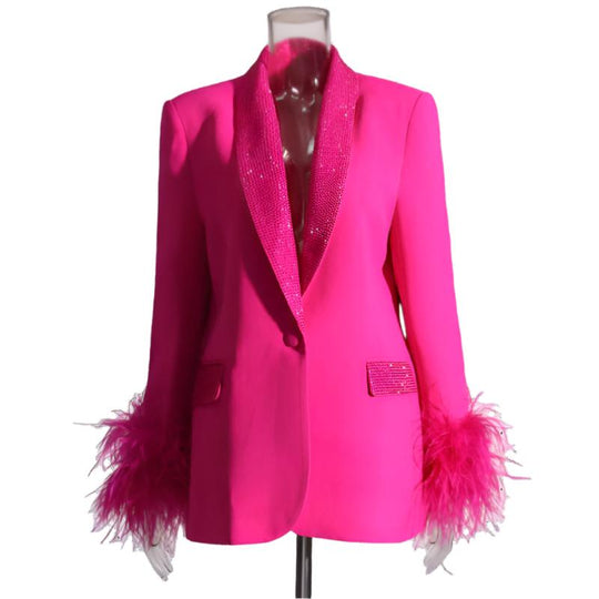 Glamorous Women's Fall Blazer with Feather Trim and Sparkling Accents - Slay Eclectic