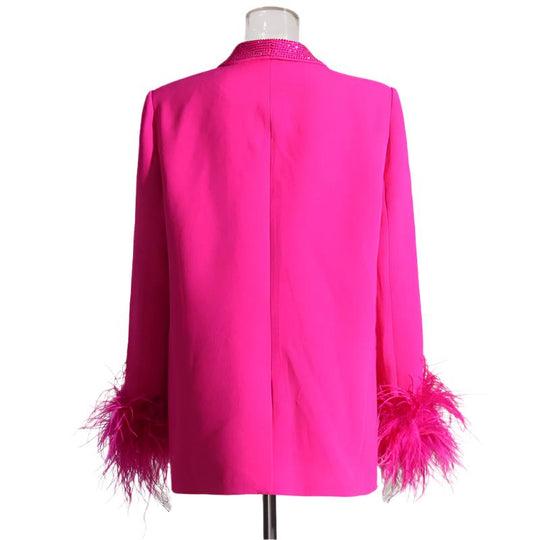 Glamorous Women's Fall Blazer with Feather Trim and Sparkling Accents - Slay Eclectic