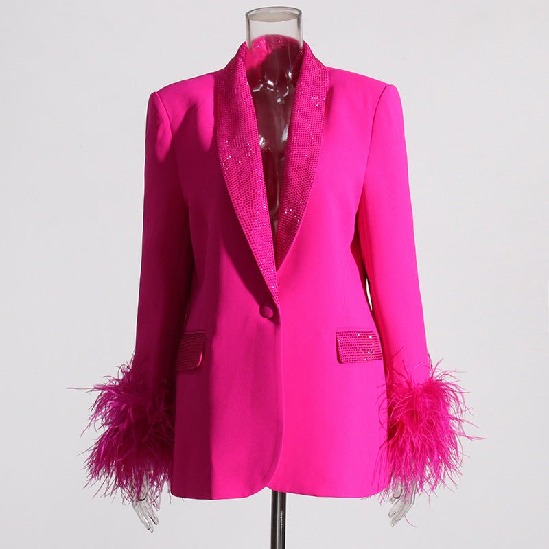 Glamorous Women's Fall Blazer with Feather Trim and Sparkling Accents - Slay Eclectic