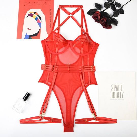 High Elastic Mesh Tight Perspective Sexy Lingerie Halter Contrast Color Jumpsuit Complex Two Piece Set-Slay Eclectic