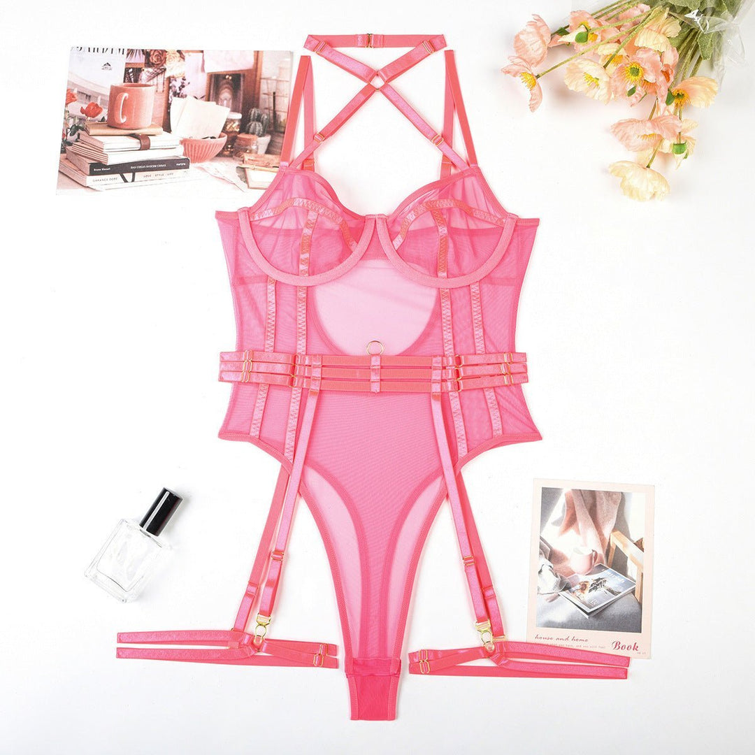 High Elastic Mesh Tight Perspective Sexy Lingerie Halter Contrast Color Jumpsuit Complex Two Piece Set-Slay Eclectic