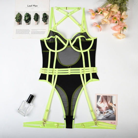 High Elastic Mesh Tight Perspective Sexy Lingerie Halter Contrast Color Jumpsuit Complex Two Piece Set-Slay Eclectic